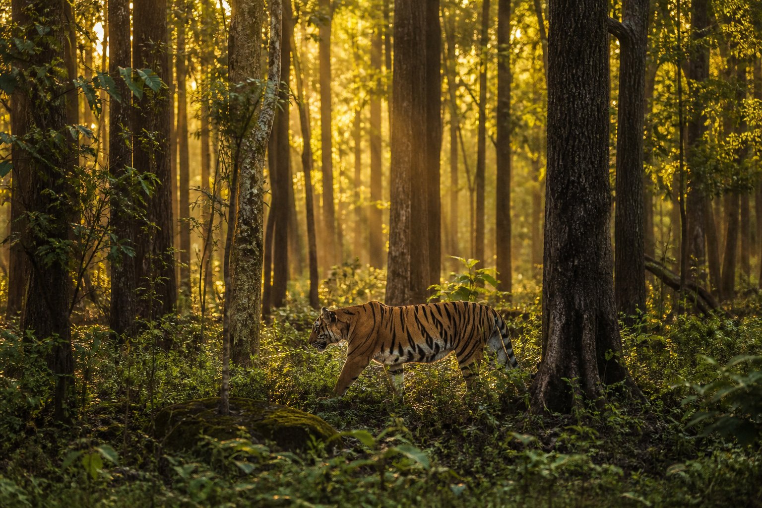 A Bengal tiger walking through a sunlit Indian forest