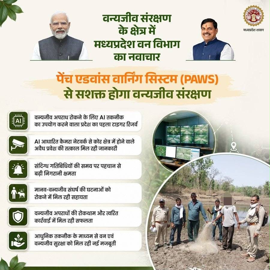 Madhya Pradesh Forest Department infographic for the Pench Advanced Warning System (PAWS), an AI camera network that alerts staff to illegal entry, suspicious activity and human–wildlife conflict.